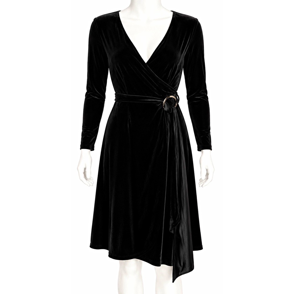 TALBOUTS Women's Black Velvet Wrap Dress Size 16 V-Neck Long Sleeve Stretch
